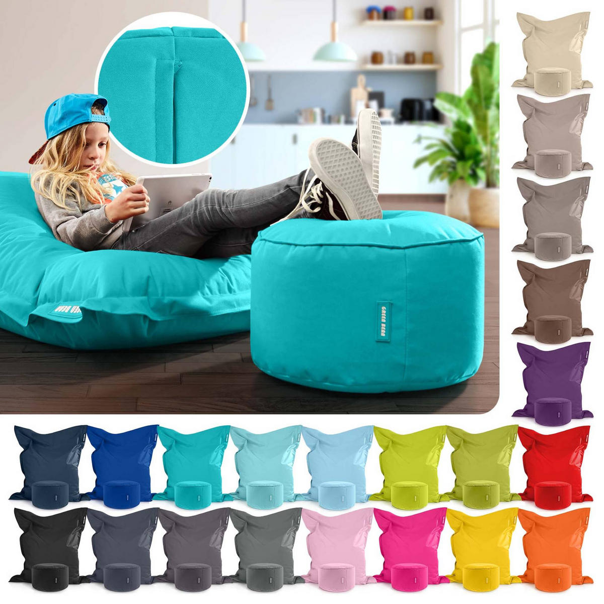 XXL-SITZSACK + Pouf 2er Set - 140x180cm - Türkis, Textil (140/25/180cm) - Green Bean
