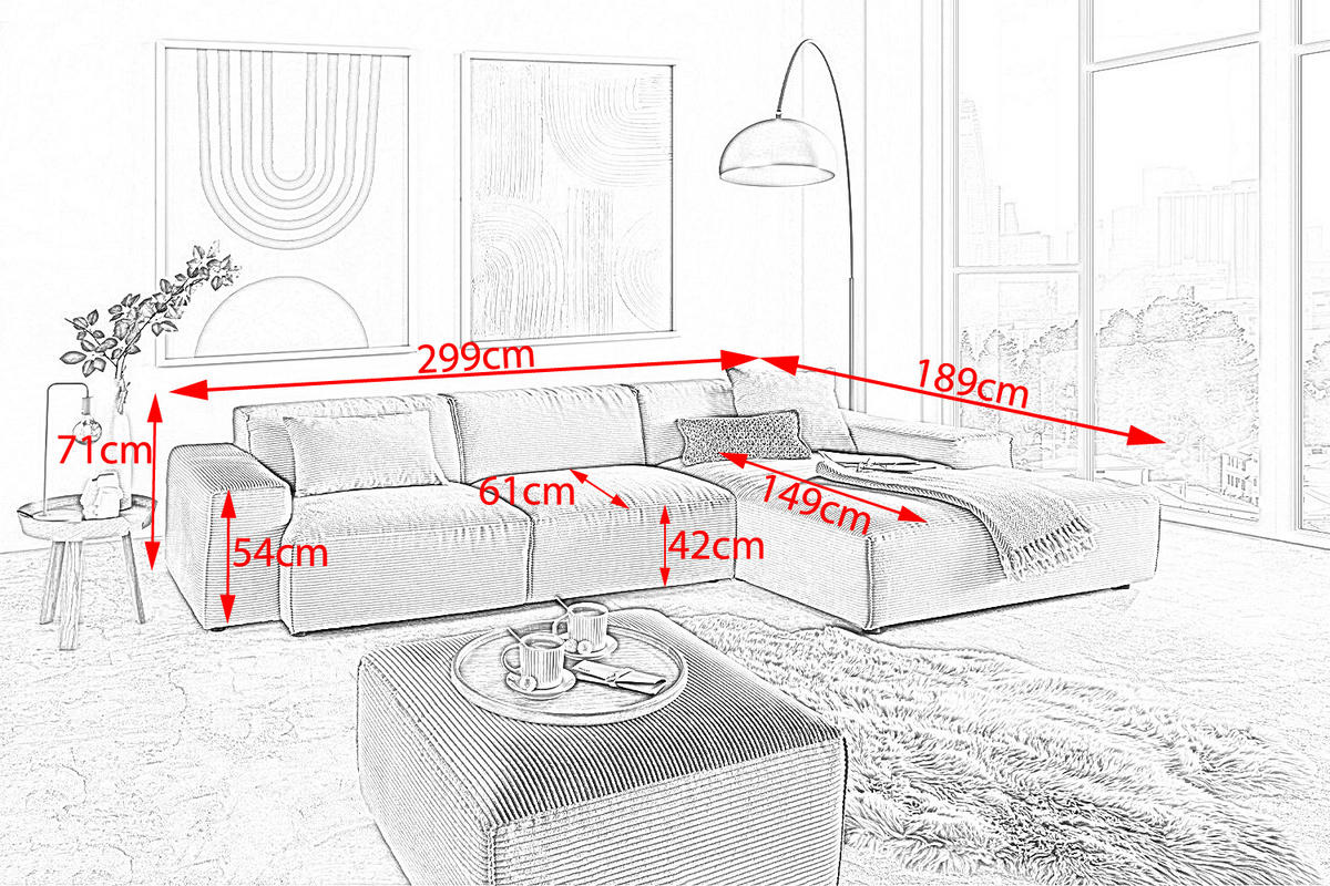 ECKSOFA RANI Cremeweiß Cord - Creme/Schwarz, Kunststoff/Textil (299/189cm) - KAWOLA