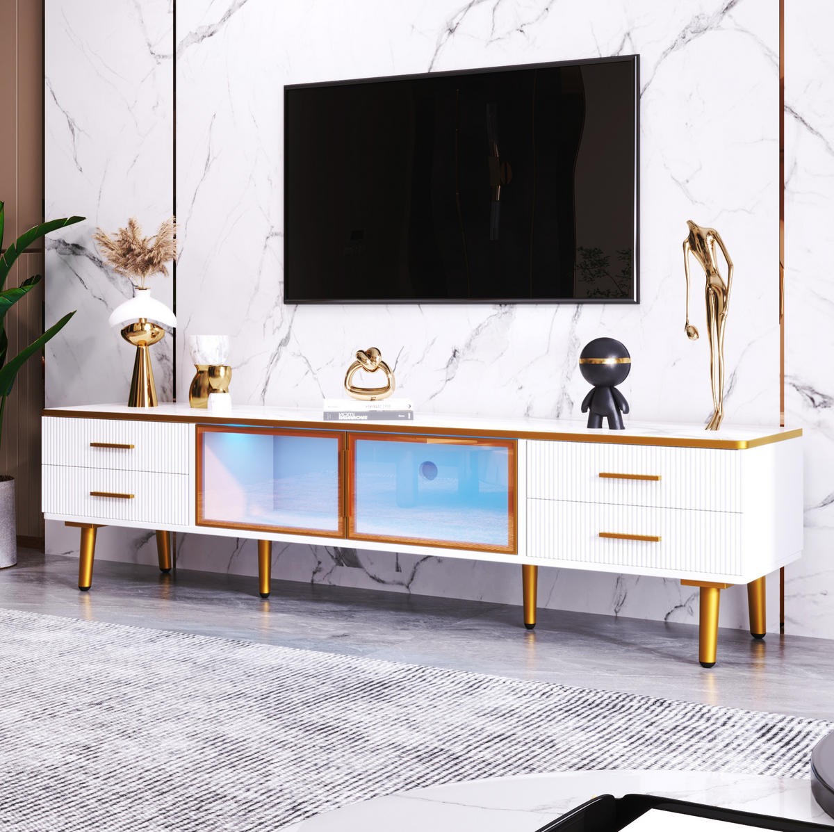 TV-LOWBOARD 170/37/47,5 cm mit LED und Glaselementen - Weiß, Holzwerkstoff (170/47.5/37cm) - BEAOK