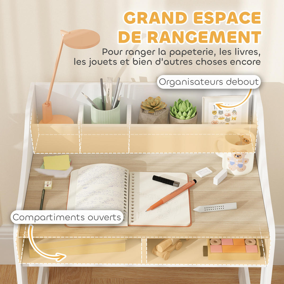 SCHREIBTISCH-SET DE-17532 2 offene Fächer, 3 Organizer Naturholz - Naturfarben, Holzwerkstoff (60/68/48cm) - ComfortXL