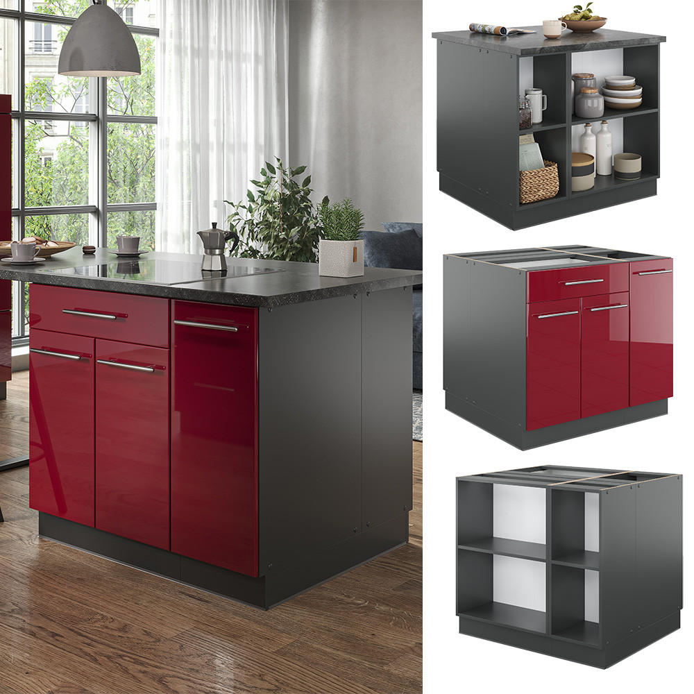 KÜCHENINSEL Fame-Line Bordeaux Hochglanz/Anthrazit 90 cm mit Schublade ohne AP - Bordeaux/Anthrazit, Holzwerkstoff (90/82/60cm) - Vicco