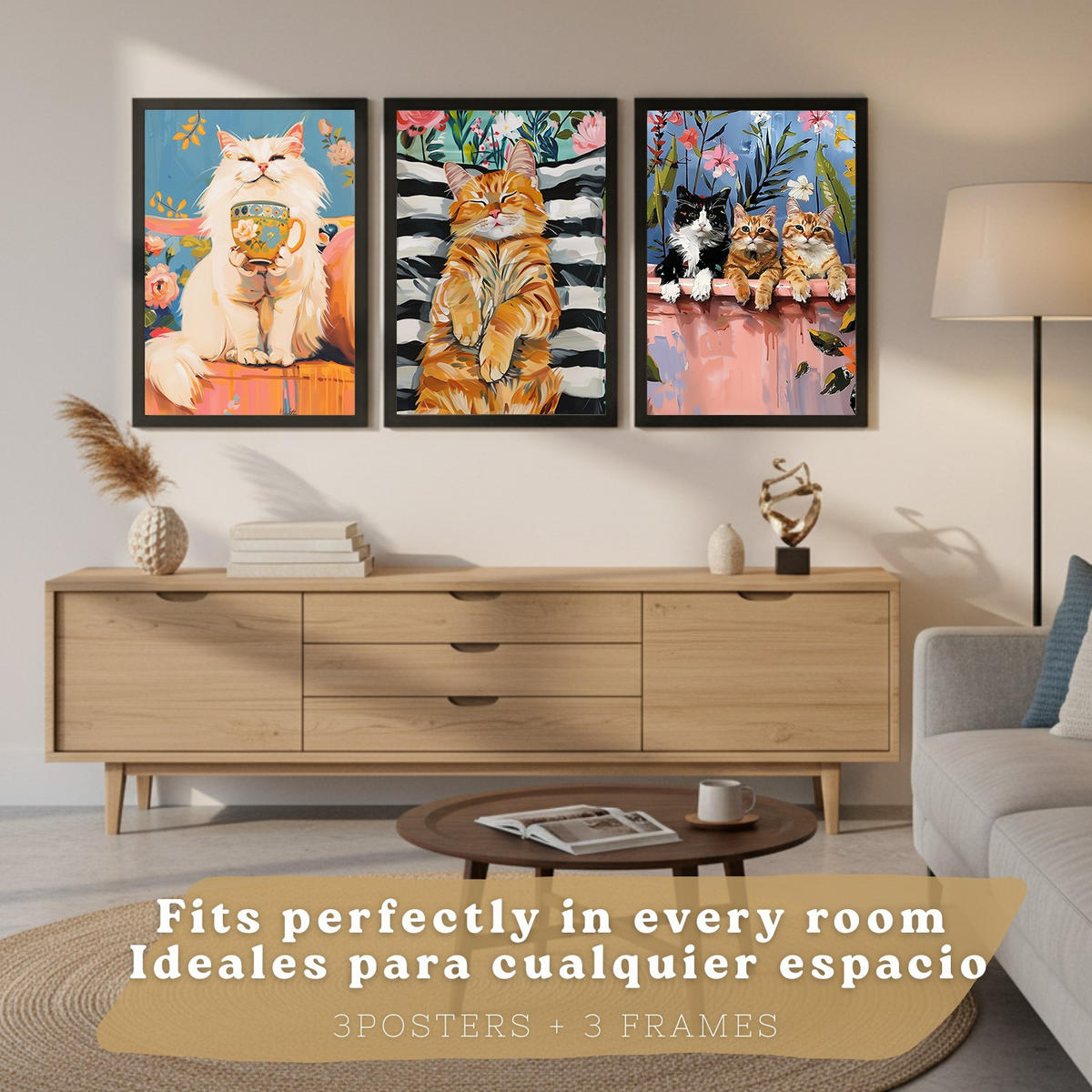 PLAKAT Sada 3 Funny Cats A3 Černý rám - černá, papír (29.7/1/42cm) - Nacnic