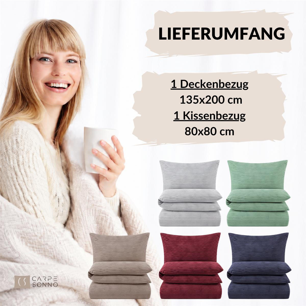 WINTER-BETTWÄSCHE 135x200 Cashmere Touch - Warme Plüsch Rip Cord Kuschelbettwäsche- Salbeigrün - Salbeigrün, Textil (135/200cm) - Carpe Sonno