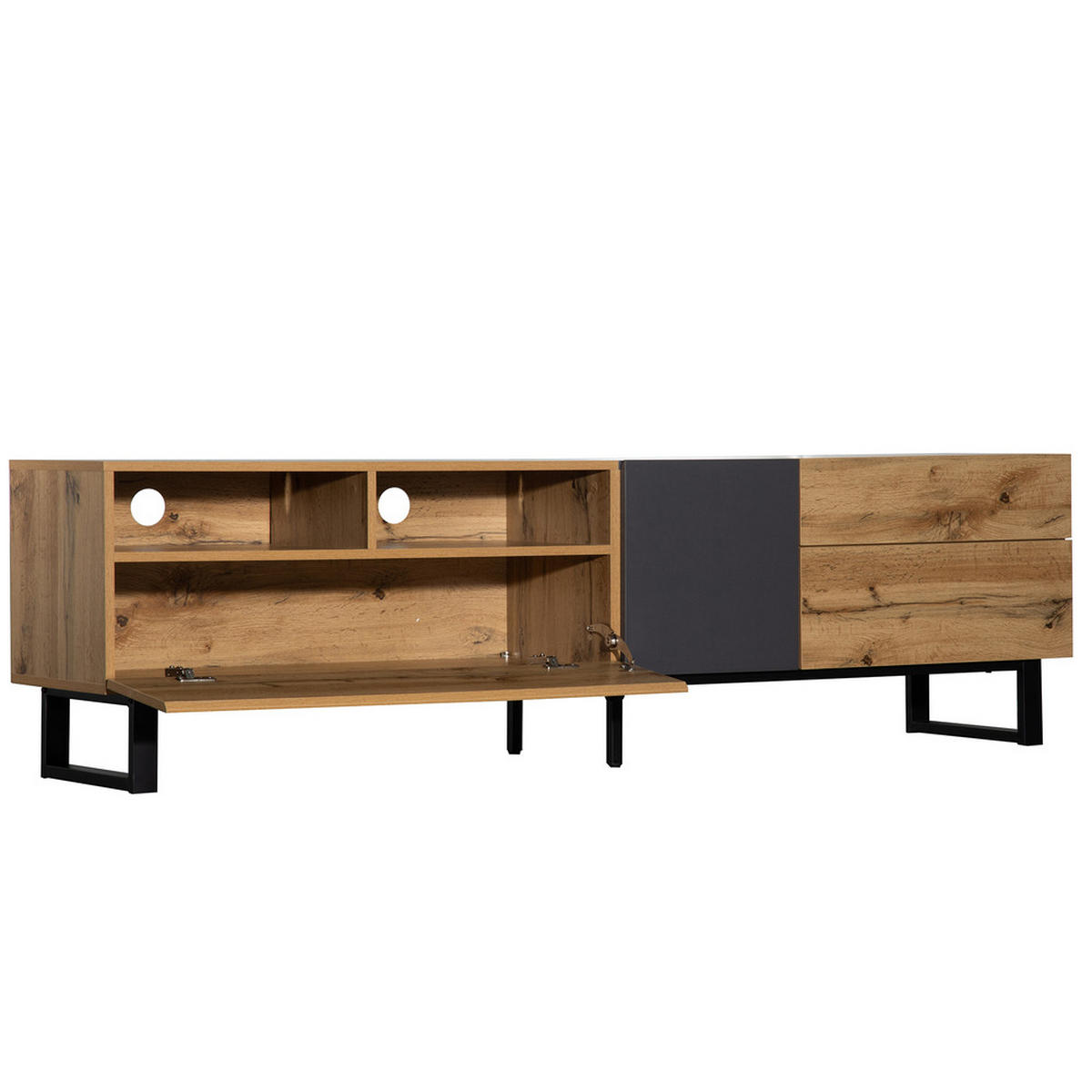 MODERNER Colorblocking-TV-Schrank TV-Schrank mit Holzmaserung 180cm.Black + Black+Grey + MDF + 50-59 inches - Schwarz, Holz (38/50/180cm) - FLIEKS