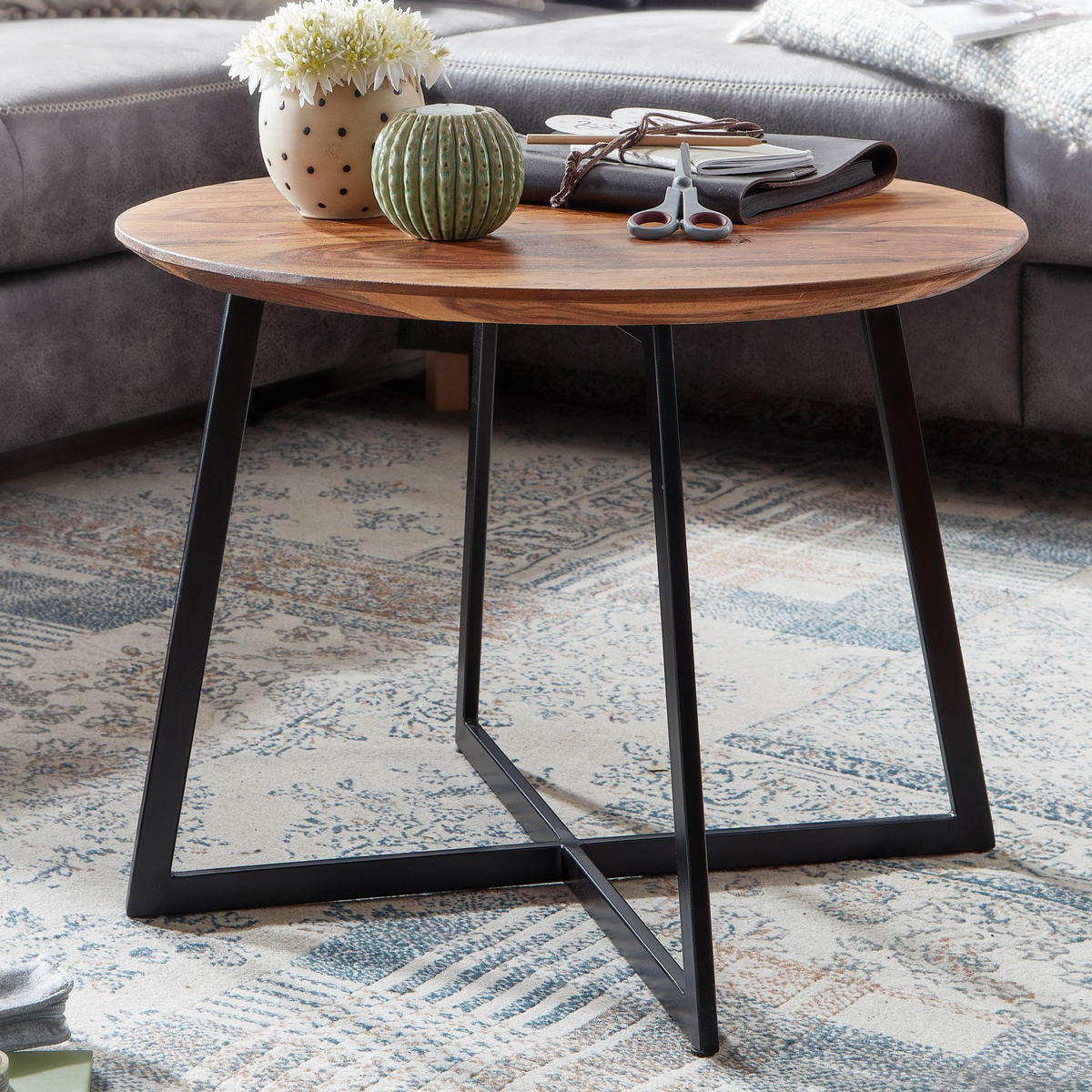 COUCHTISCH Rund, Sheesham Massivholz, Modernes Design, Maße 60x60x45 cm - Schwarz/Braun, Holz/Metall (60/60/45cm) - KADIMA DESIGN