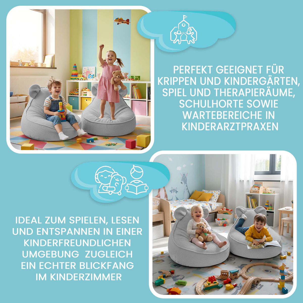 SITZSACK FÜR KINDER Maus 75/75/55 cm, weicher Bouclé 315 g/m², abnehmbarer Bezug, Pearl Grey - Hellgrau, Textil (75/55/75cm) - Dreamroots