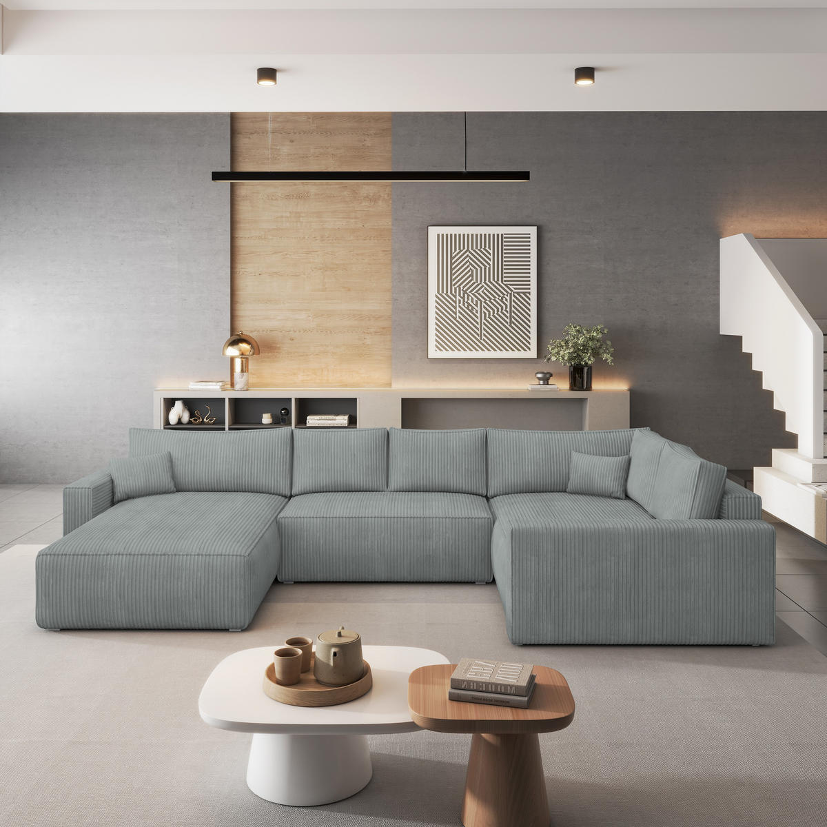 ROHOVÁ SEDAČKA VELAMI světle šedá - šedá/světle šedá, dřevo/textil (365/194cm) - MASSENO