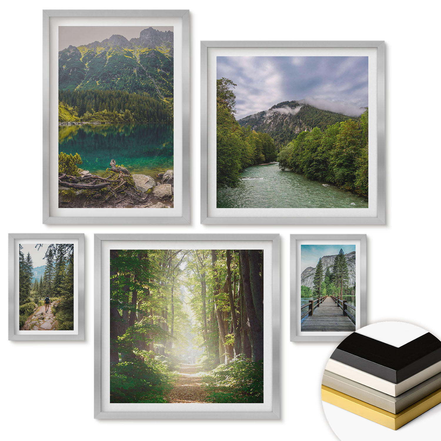 WANDBILDER 5er Set - 50x50 cm & 20x30 cm & 40x60 cm Silberner Rahmen - Straße Wald Berge Hirsch Natur - Silberfarben, Kunststoff (40/60cm) - ArtPrintCave