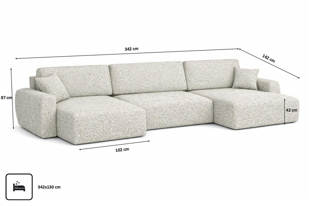 ECKSOFA Mit Schlaffunktion Und Bettkasten U-Form Ariel U, Chenille-Stoff Artico, Nata - Beige, Holz (342/142cm) - Kaiser Möbel