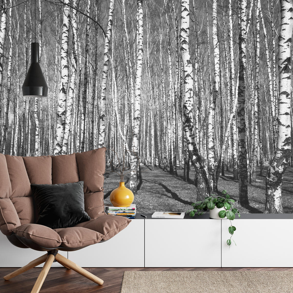 FOTOTAPETE für Wohnzimmer Birkenwald Schwarz-Weiß Minimalistisch 200x140 - Schwarz/Weiß, Papier (200/140cm) - Muralo