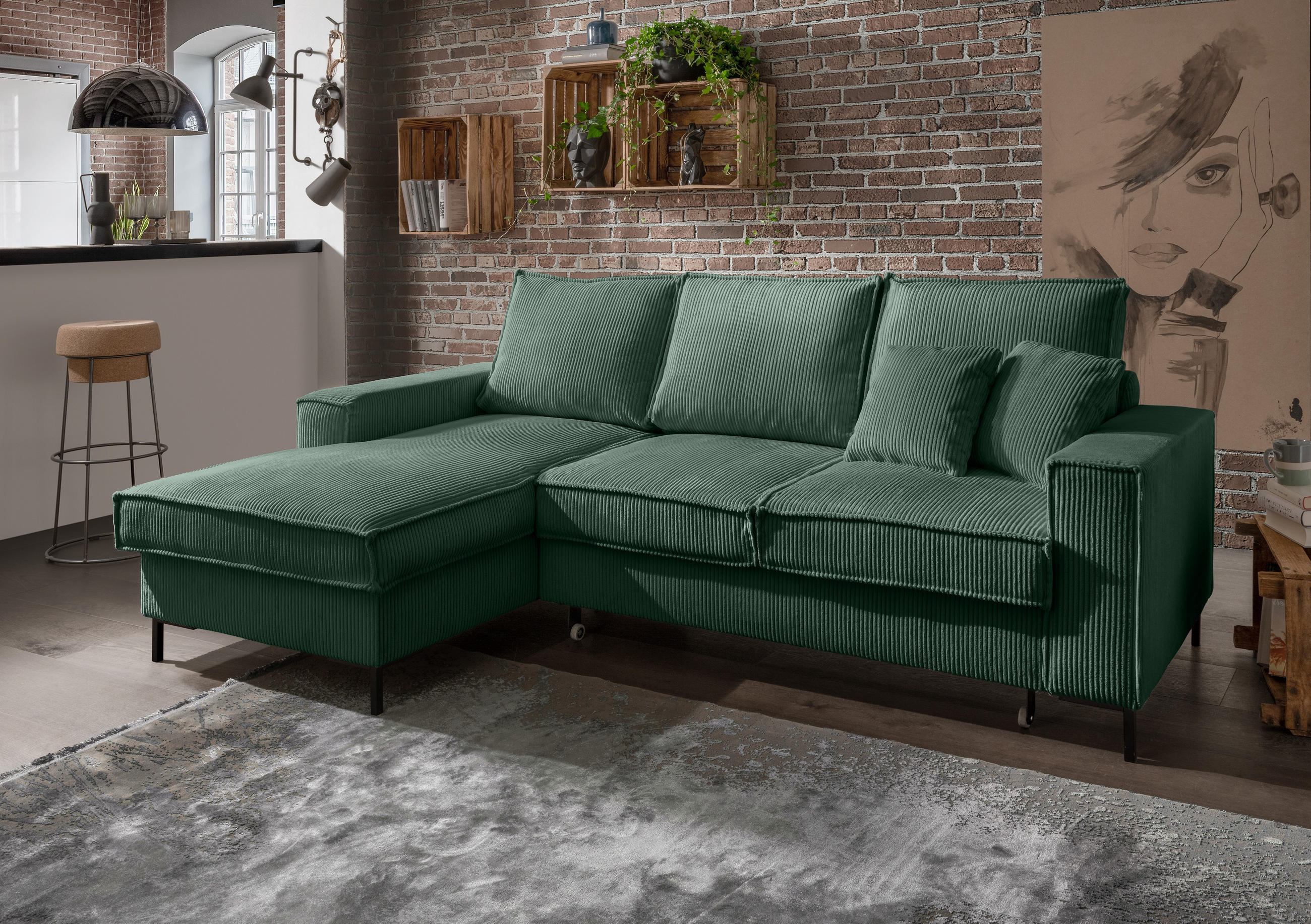 Thumbnail - luma-home Ecksofa, Grün, Textil, 3-Sitzer, Füllung: Polyurethan (Pur), Ottomane links,L-Form, 240x150 cm, Wohnzimmer, So...