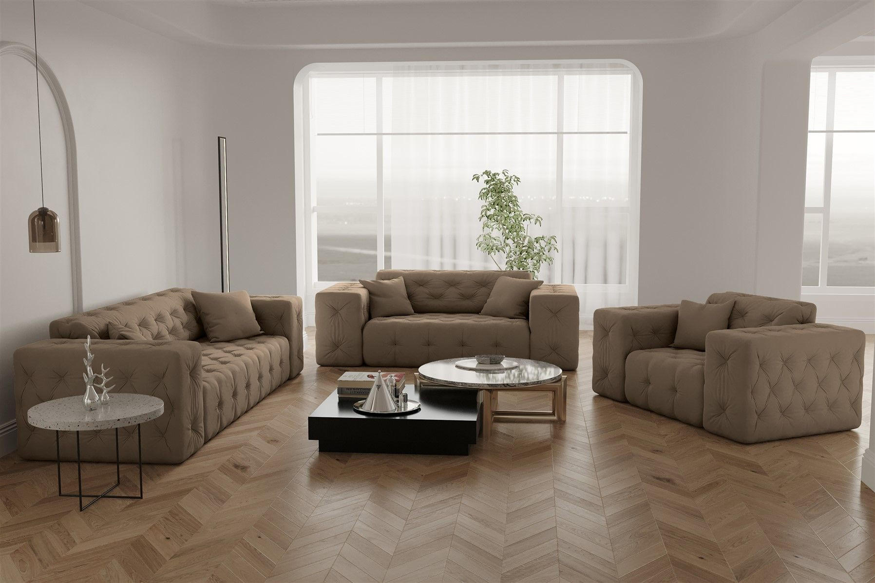 SOFASET Chantal - Taupe, Holzwerkstoff/Textil (251/78/96cm) - Fun Möbel