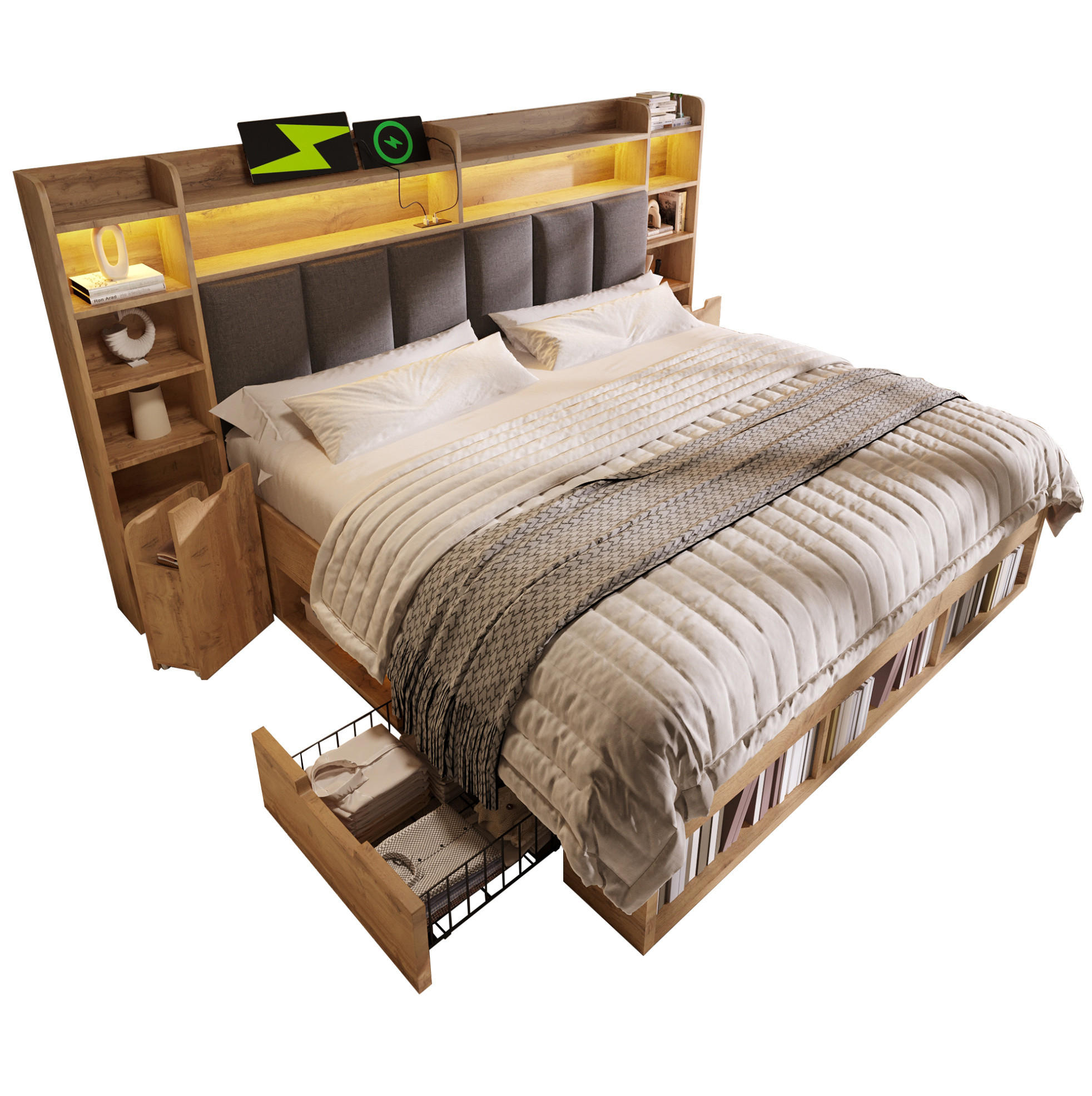 SYSTEMBETT 160/200 cm mit LED-Beleuchtung, USB-Anschlüssen, Stauraum und Rollschubladen , Eichefarben - Eichefarben, Holzwerkstoff (160/200cm) - Redom