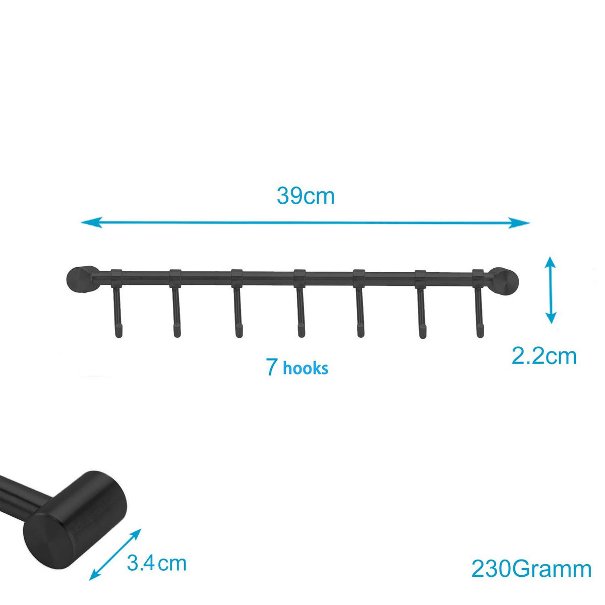 KÜCHEN HAKENLEISTE mit 7 Haken - Schwarz, Metall (3.4/2.2/39.6cm) - Intirilife