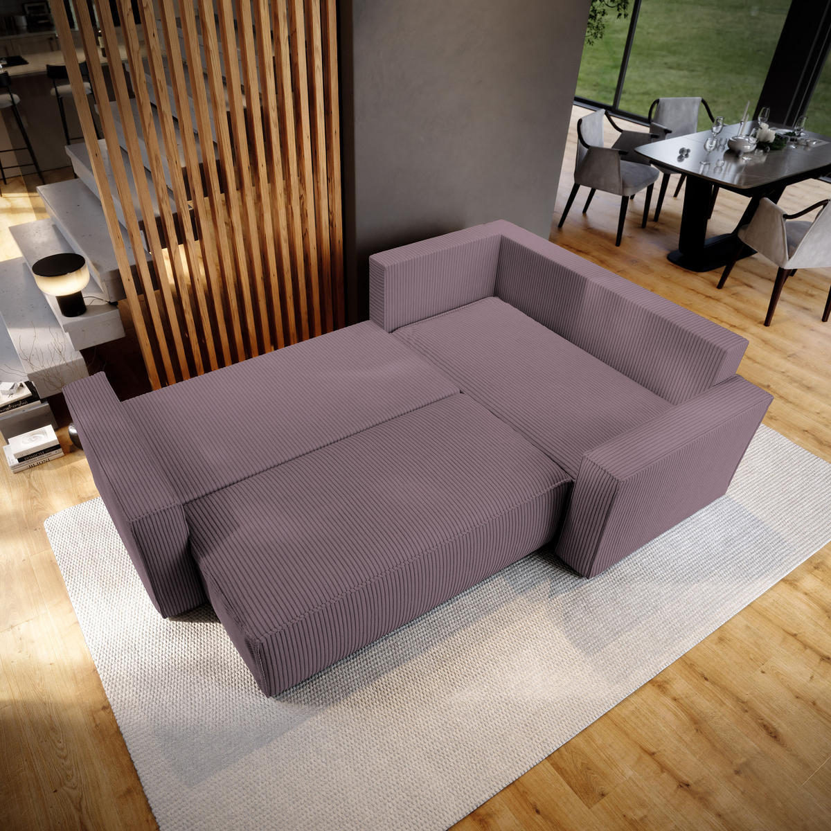 ECKSOFA ESTANO R-S Lila Kordstoff mit Schlaffunktion - Lila, Holz (230/158cm) - MASSENO