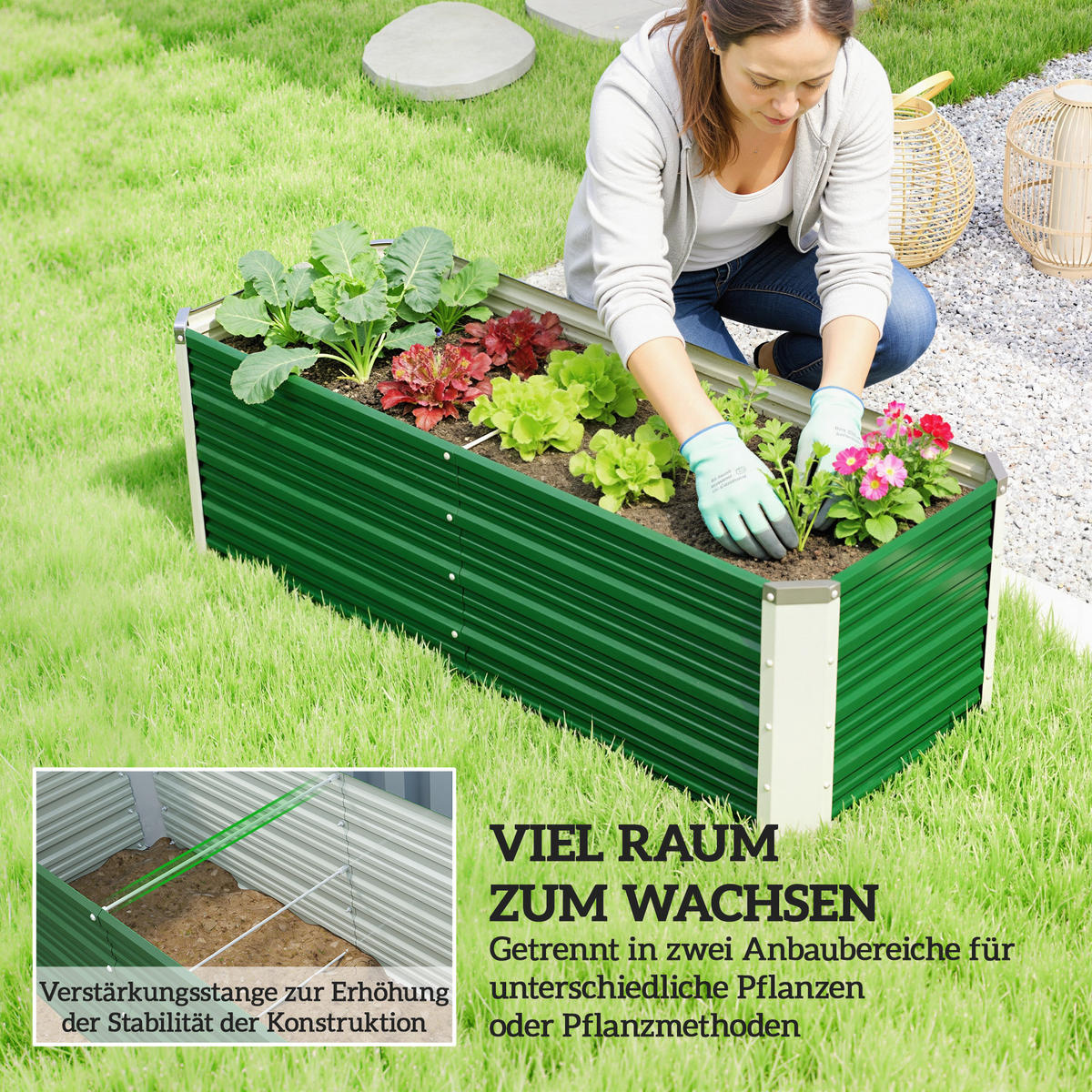 HOCHBEET, Metall offener Boden, separate Pflanzbereiche, 125x47x44cm, Grün - Multicolor, Holzwerkstoff (125/44/47cm) - FORIOUS