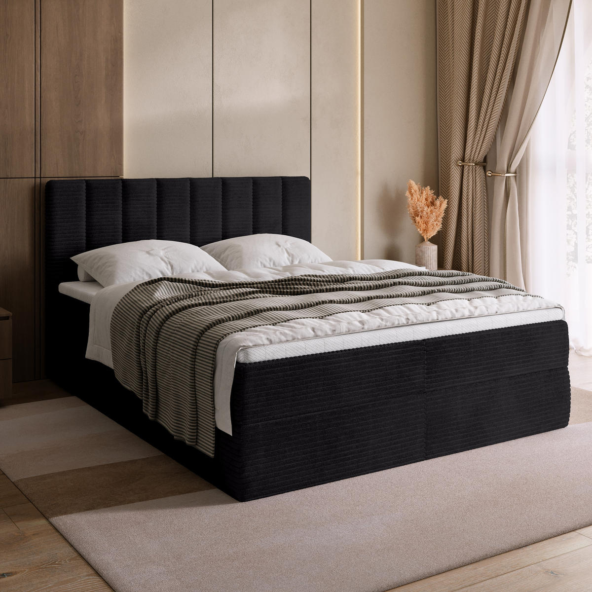 BOXBETT DENVER mit Topper 140x200 Schwarz - Schwarz, Textil (140/200cm) - Bromarkt