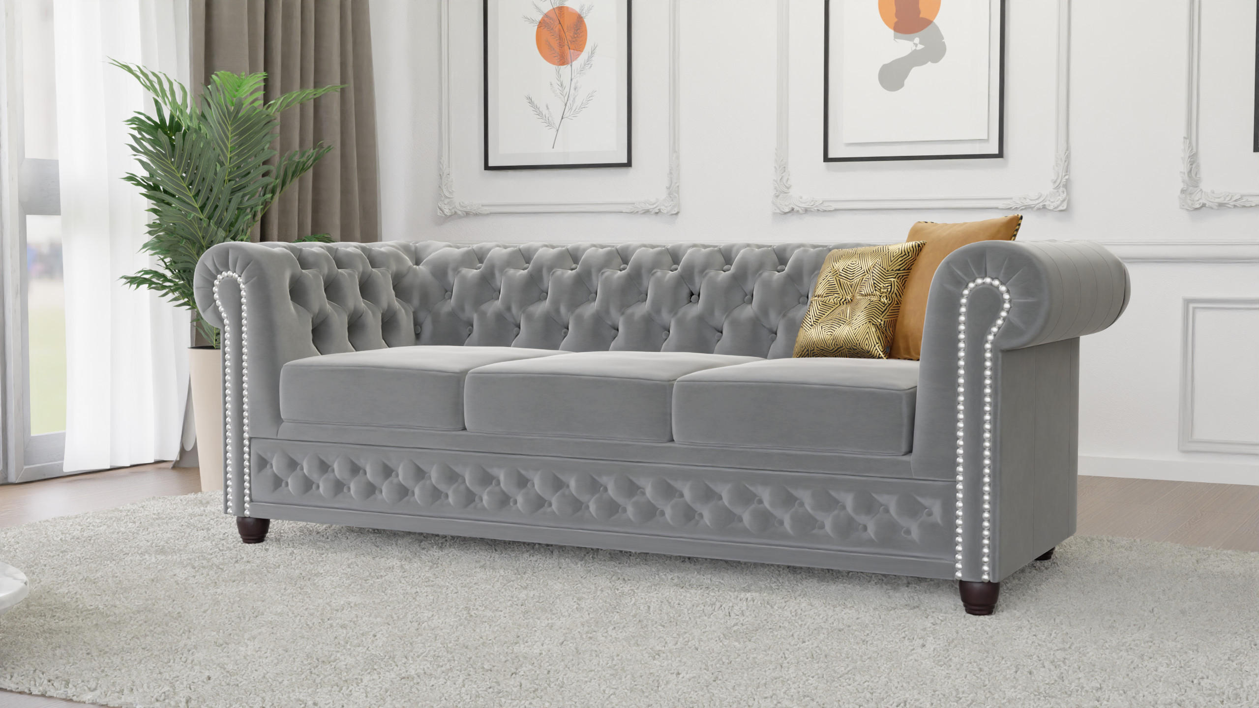 CHESTERFIELD-SOFA 3-sitzer Nyx Grau Samt - Braun/Grau, Holz/Textil (203/72/86cm) - S-Style Möbel