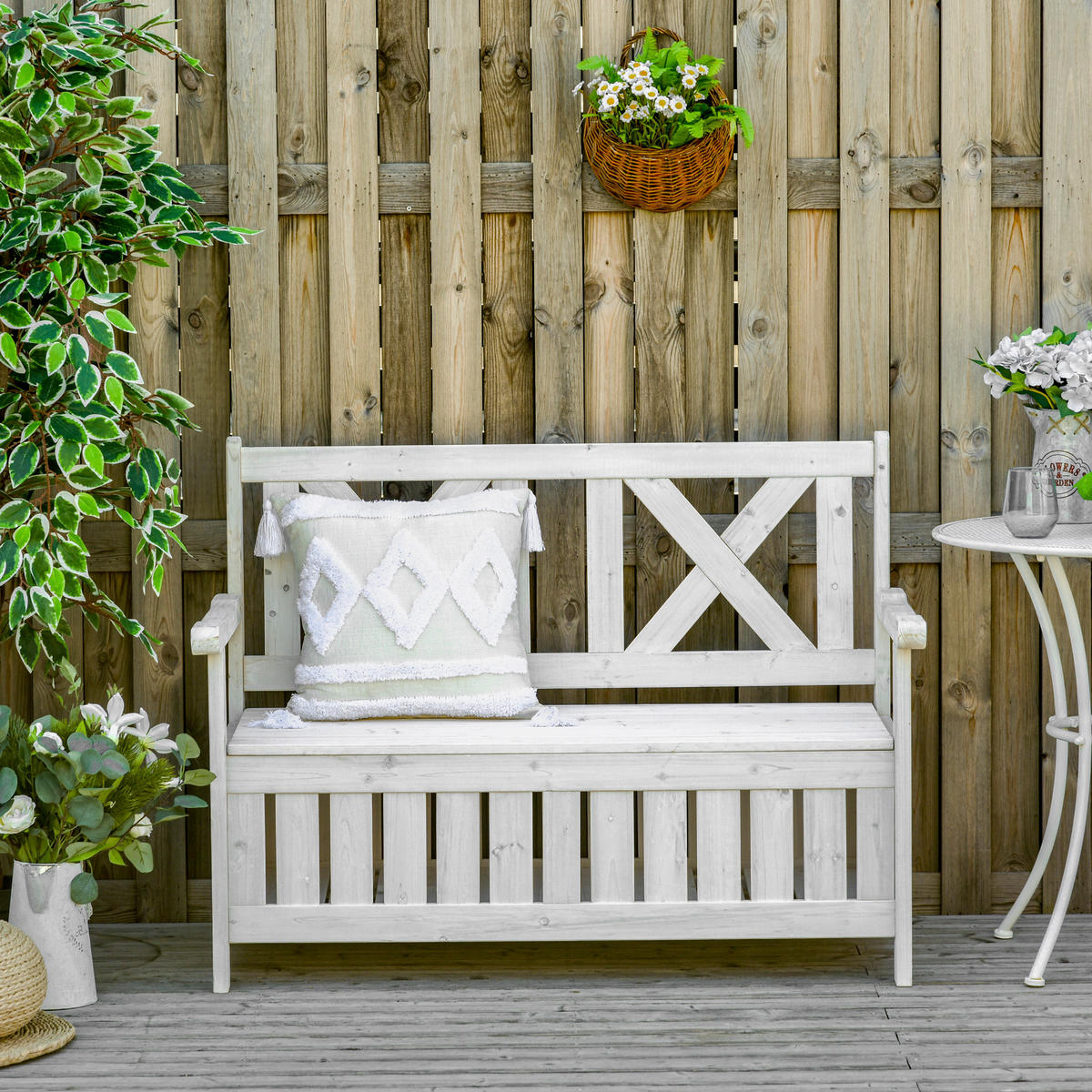 GARTENBANK mit Stauraum 3-Sitzer Tannenholz Weiß - Weiß, Holz (61/85/115cm) - Outsunny