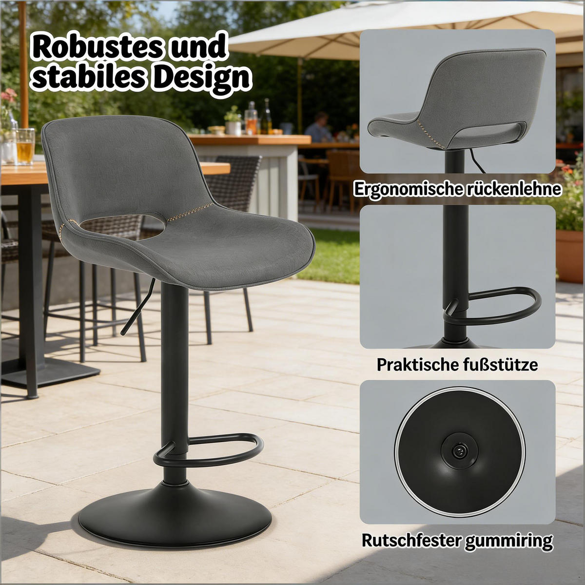 BARHOCKER 2er-Set Grau Drehbar Höhenverstellbar mit Leinenbezug - Grau, Metall (49/106/49cm) - PANGIVO