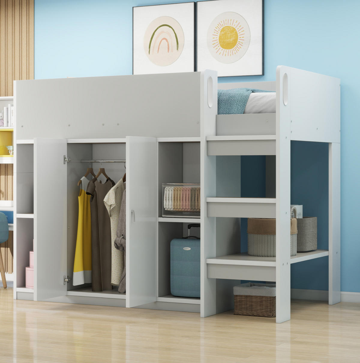 HOCHBETT 90/200 cm Grau mit Stauraum, Schrank und Regalen mit Matratze - Grau, Holzwerkstoff (90/200cm) - OKWISH