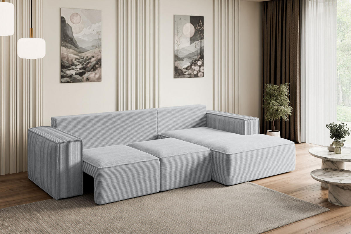 ECKSOFA mit Schlaffunktion und Bettkasten SERRA-L-S - 266x161x87 cm Grau Cord - Schwarz/Grau, Holzwerkstoff/Kunststoff (266/161cm) - ALTDECOR