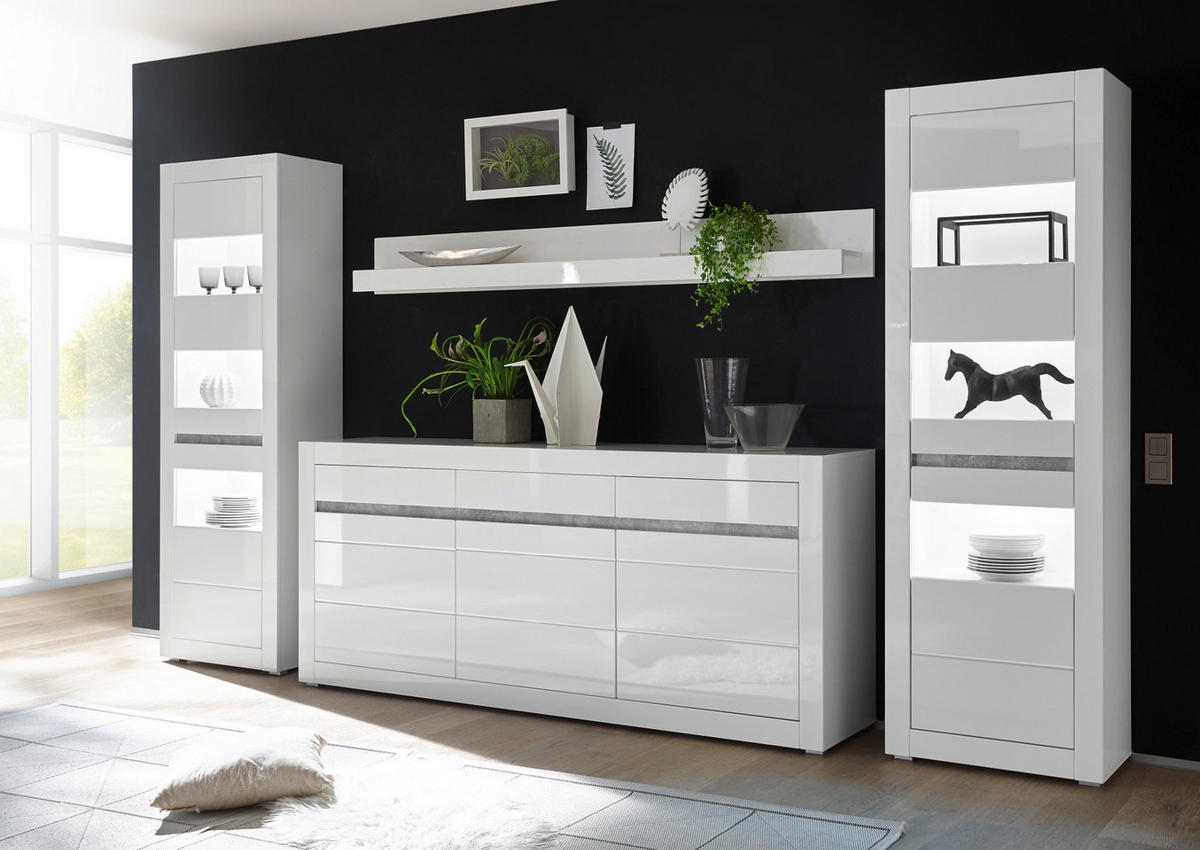 WOHNWAND weiß Hochglanz, Stone Design grau 4-teilig, Anbauwand mit Soft-Close - Weiß Hochglanz/Weiß, Glas/Holzwerkstoff (369/198/42cm) - Furn.Design