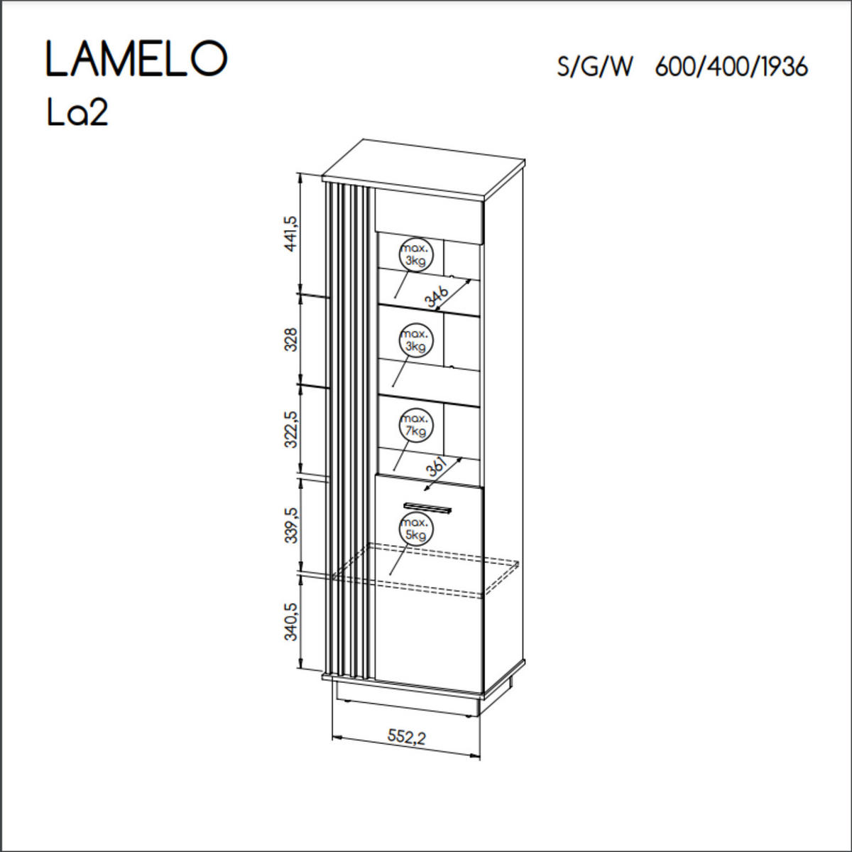VITRINE Lamelo Wotan eiche, mit LED - Schwarz/Braun, Holzwerkstoff (60/193/40cm) - Bettso