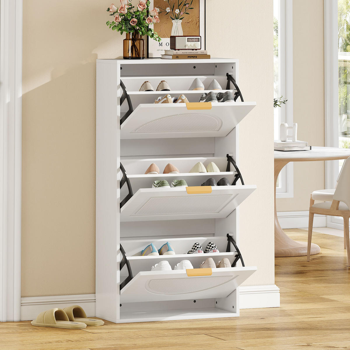 SCHUHSCHRANK Schmal 3 Klappen Weiß 60x24x114cm - Weiß, Holzwerkstoff (24/114/60cm) - FLIEKS