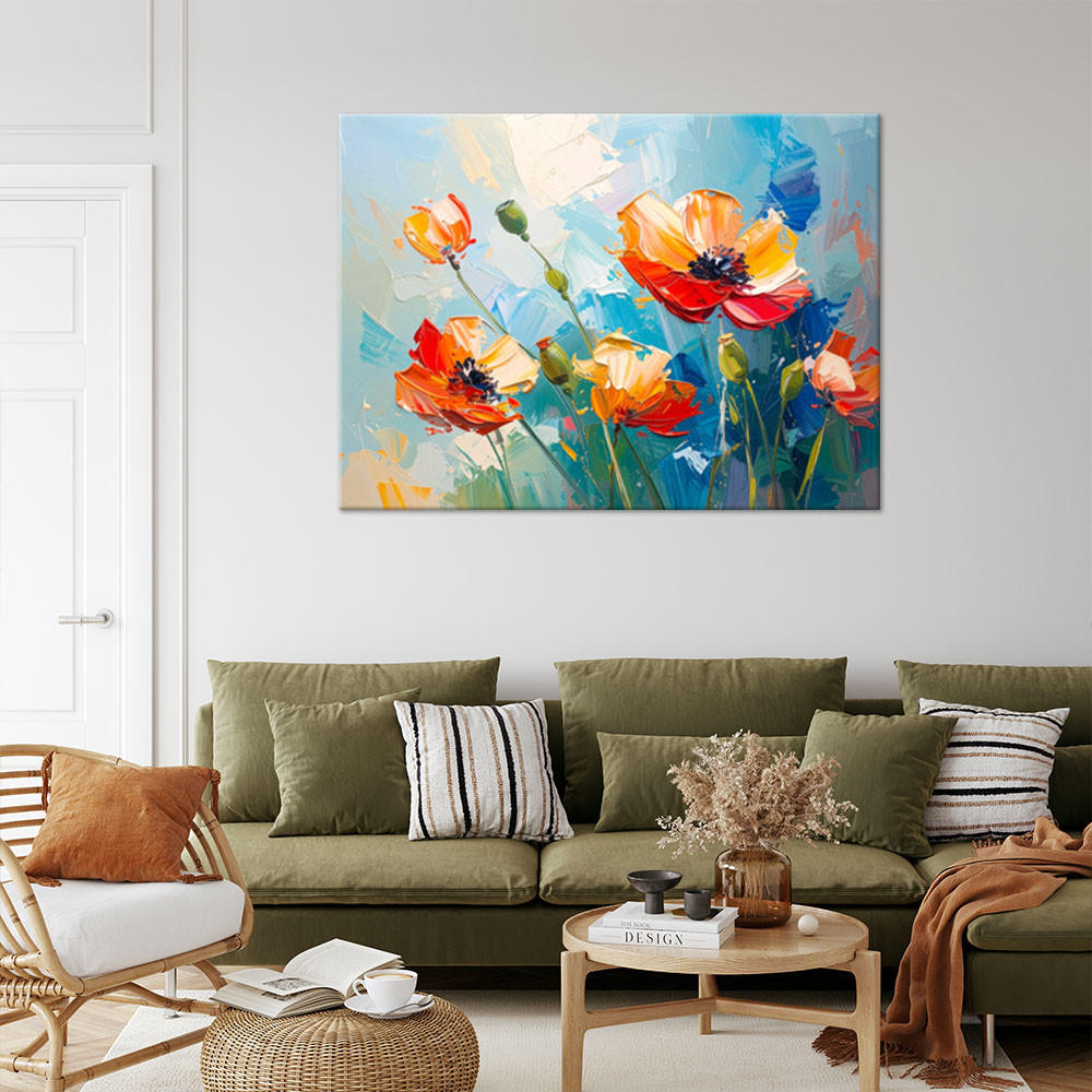 LEINWANDBILD Rote Mohnblumen Blumen Ölfarbe-Imitation 120x80cm - Blau, Textil (120/80cm) - Feeby