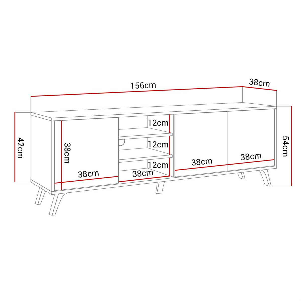 TV-ELEMENT SANAYI auf weißen Beinen mit Regalen Hochglanz Weiß - Weiß, Holzwerkstoff (156/54/38cm) - Lookway