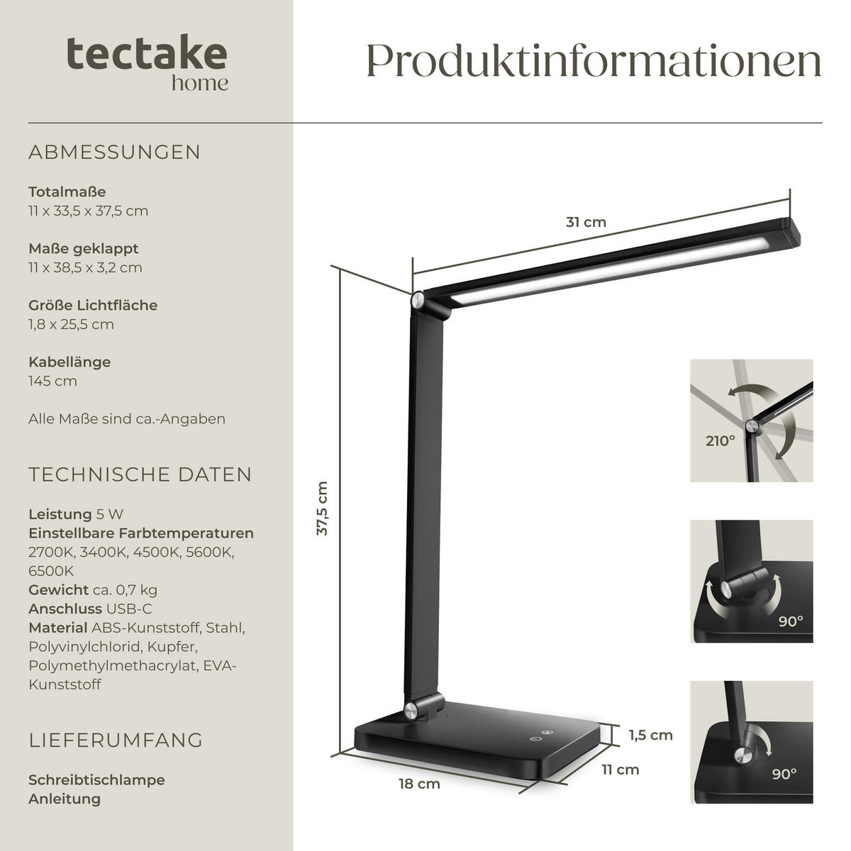 SCHREIBTISCHLAMPE Novaly,inklusive USB-Anschluss,schwarz - Schwarz, Kunststoff (33.5/11/37.5cm) - tectake