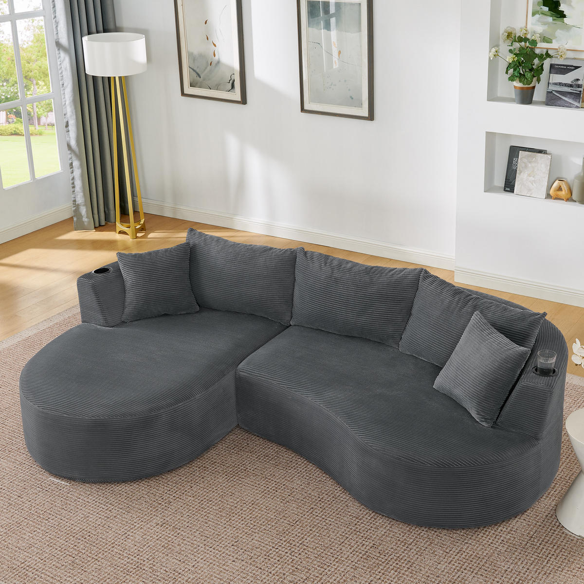 SOFA 3-Sitzer bogenförmig Kordstoff Grau mit Getränkehaltern - Grau, Textil (168/264cm) - Meubliv