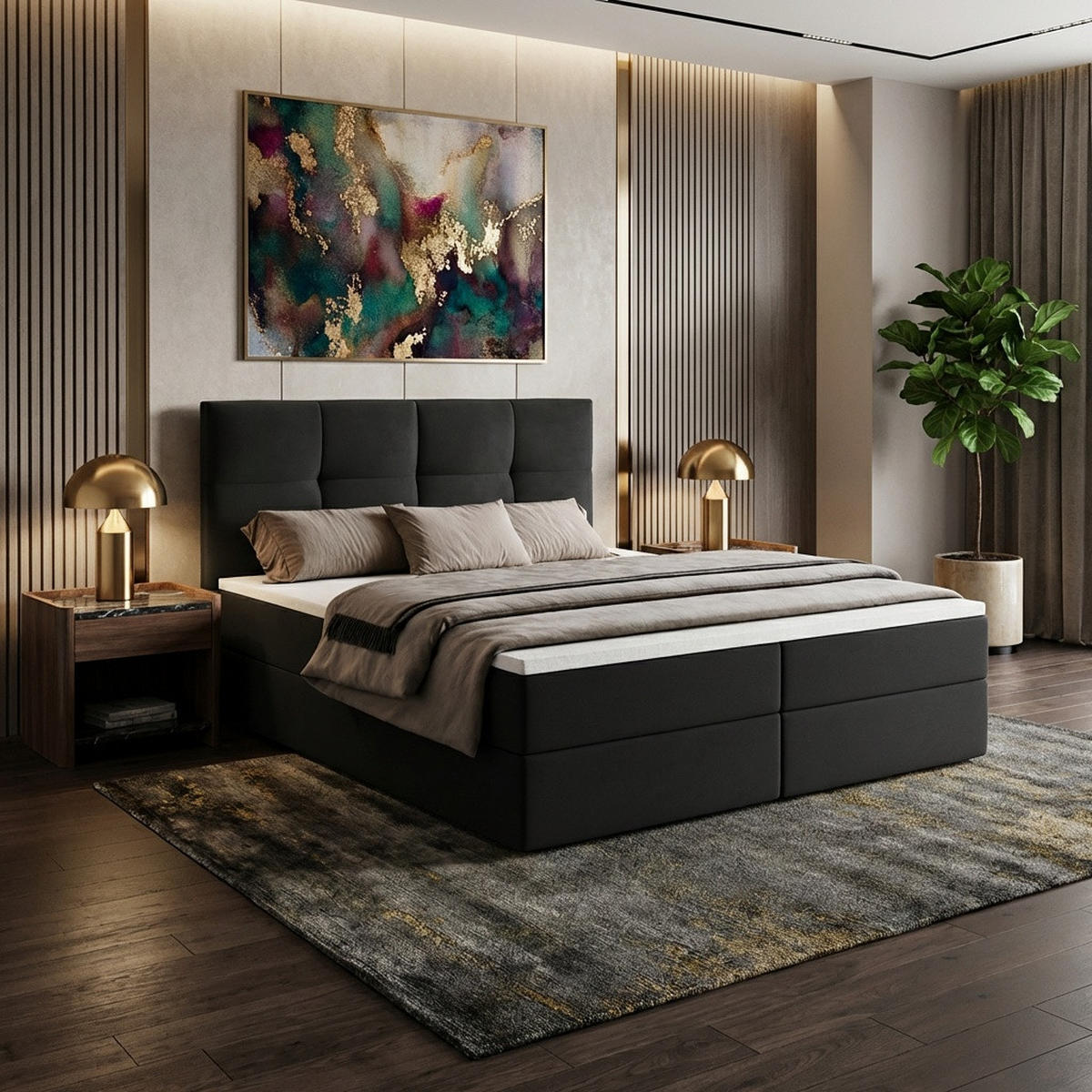 BOXBETT MORENO mit Bettkasten 200x200 cm inkl. Bonell-Federkernmatratze H3 und Topper – Polsterbett Stoff ASTI Schwarz - Schwarz, Textil (200/200cm) - Luxkor24