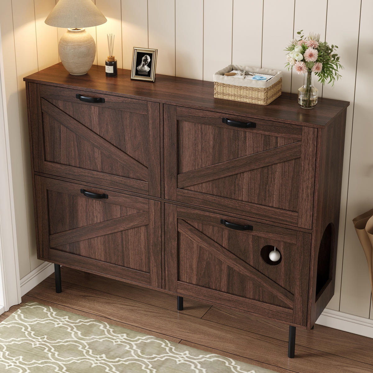 SCHUHSCHRANK aus Spanplatte 120x28x92cm in Walnussfarben mit Katzenspielzeug - Walnussfarben, Holzwerkstoff (120/92/28cm) - Modfu