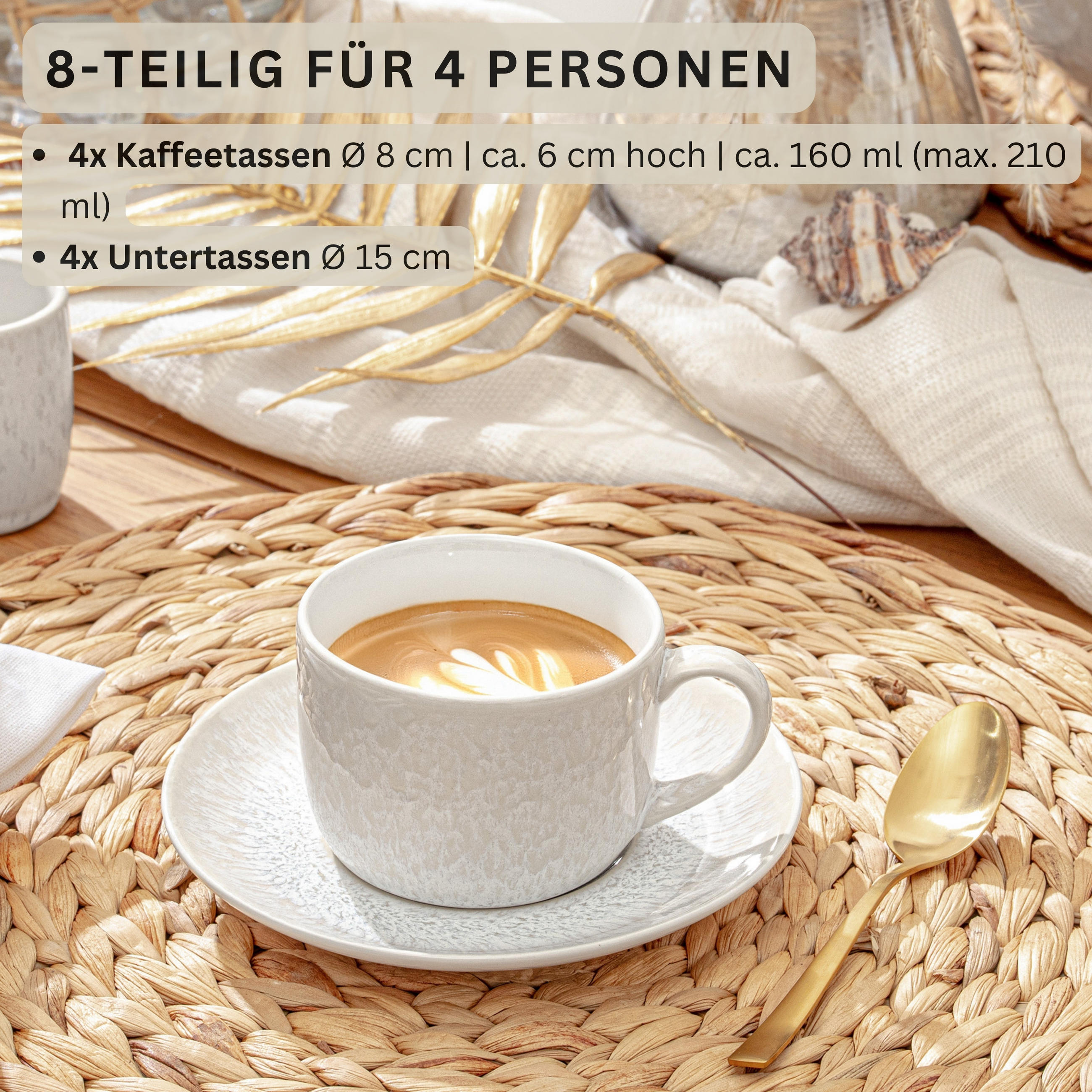 KAFFEETASSEN SET KORFU - 8 teilig aus Steingut - Creme, Keramik (28/26/38cm) - Sänger