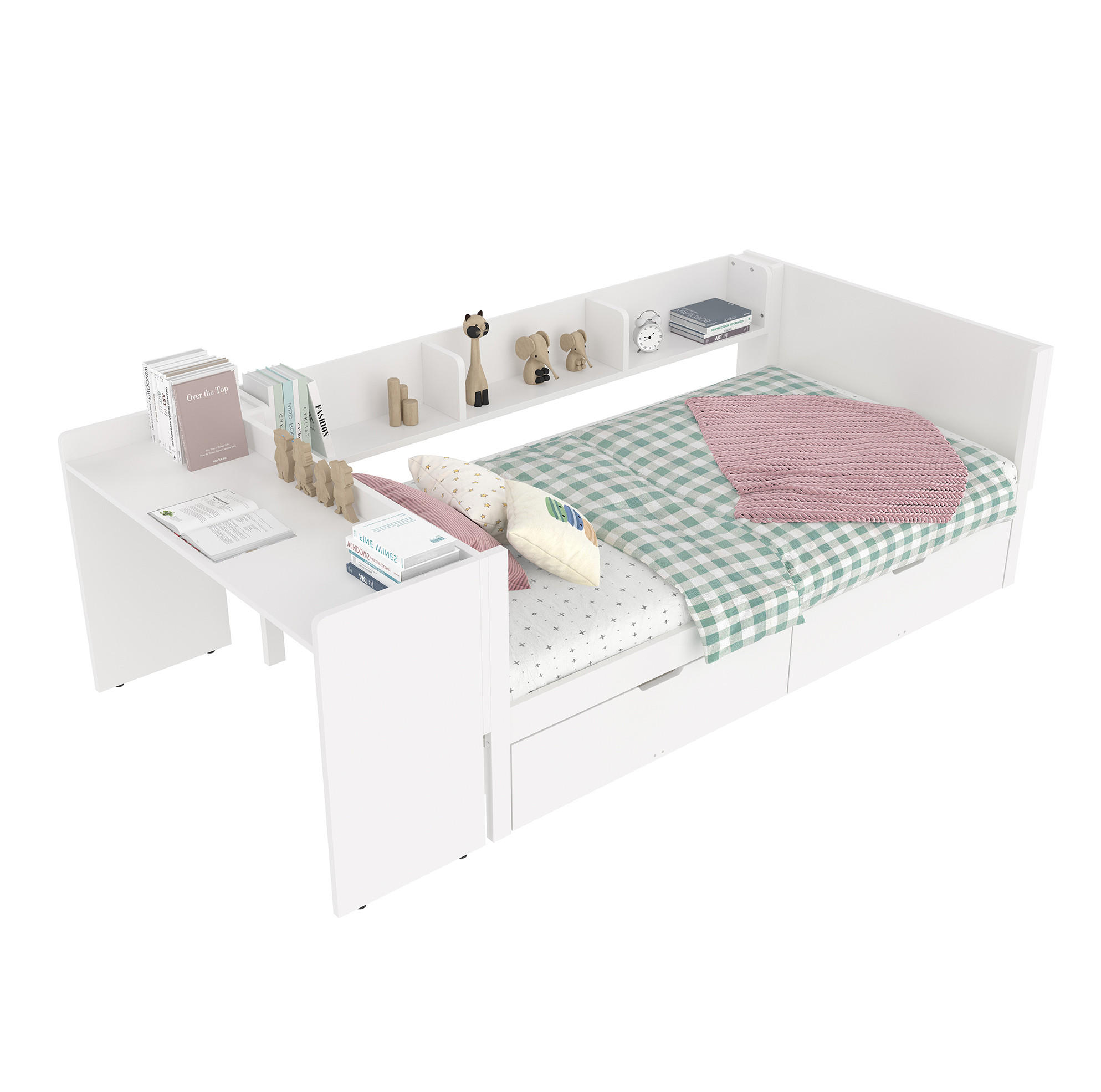 BETT 90/200 cm in Weiß mit Schreibtisch, 2 Schubladen und Regalen - Weiß, Holz (90/200cm) - Flora Grace