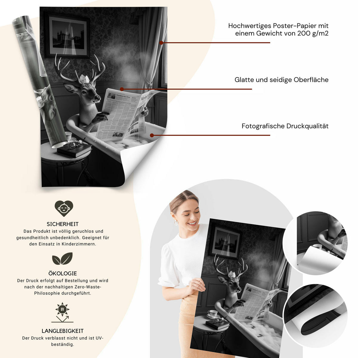 POSTER für Badezimmer WC Rehe HIRSCH in Badewanne Zeitung Abstraktion 30x40cm - Schwarz/Weiß, Papier (30/40/1cm) - Muralo