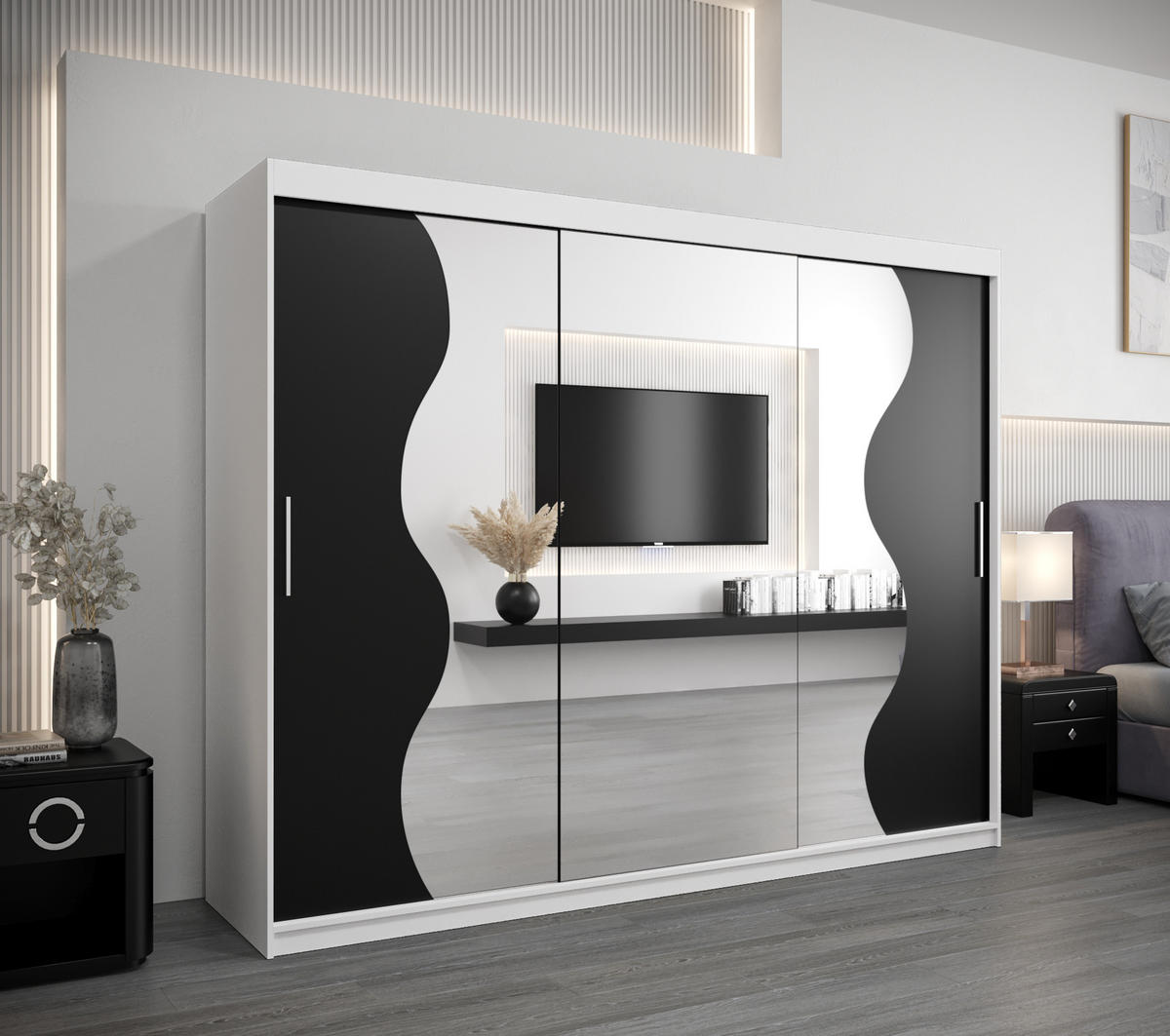 SCHWEBETÜRENSCHRANK 200/250/62 3-türig - Silberfarben/Schwarz, Holz/Kunststoff (250/200/62cm) - Abiks Möbel