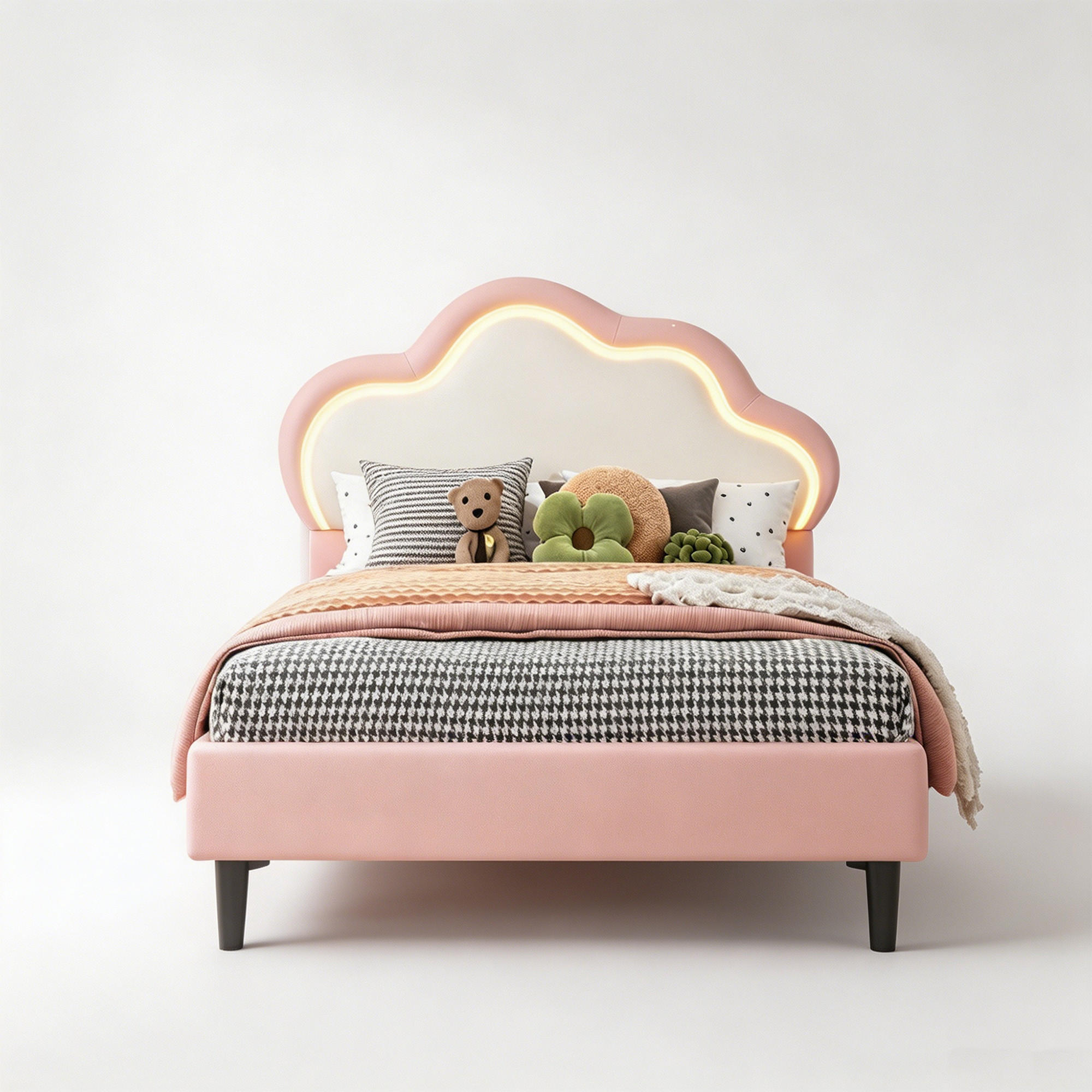 POLSTERBETT 90x200, einzelbett, Bettgestell 90 x 200 mit Kopfteil in Wolkenform, Lattenrost, LED, PU, rosa - Pink, Leder/Holz (90/200cm) - GENKI LIVING