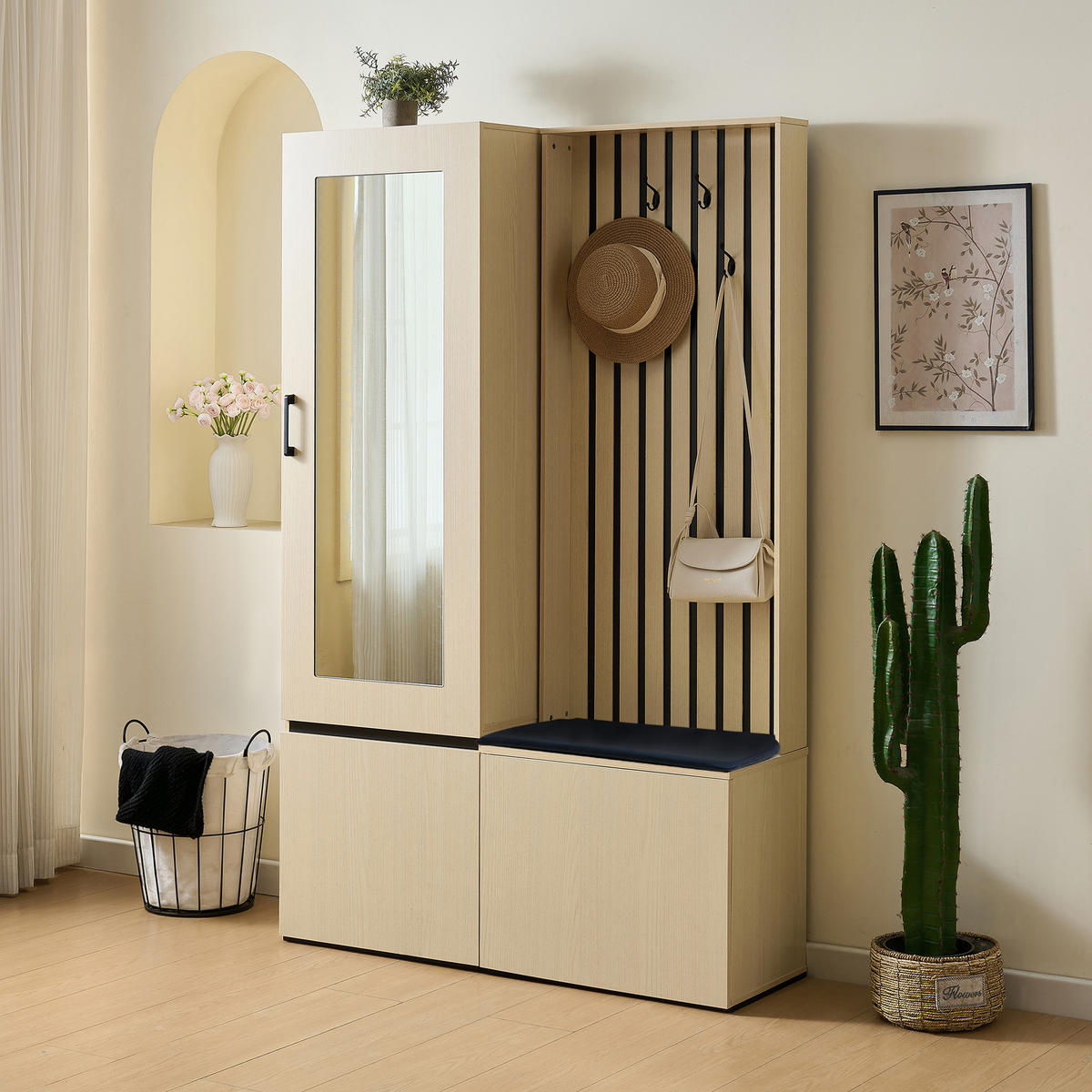 GARDEROBE-SET Spiegel Sitzbank Schuhablage Kleiderstange 4 Haken - Naturfarben, Holzwerkstoff (595/179.5/345cm) - FLIEKS