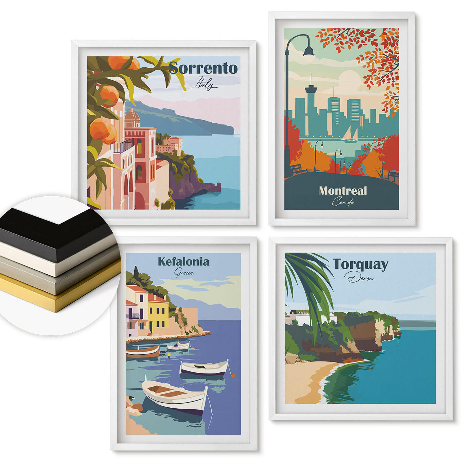 WANDBILDER 4er-Set - 50x50 cm & 40x60 cm Weißer Rahmen - Retro-Ansichten von Städten auf der ganzen Welt - Weiß, Kunststoff (50/50cm) - ArtPrintCave