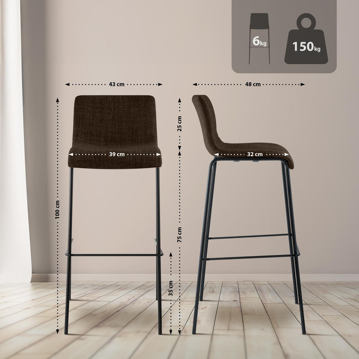 BARHOCKER 2 Stoff Braun - Schwarz/Braun, Textil/Metall (43/100/48cm) - CLP