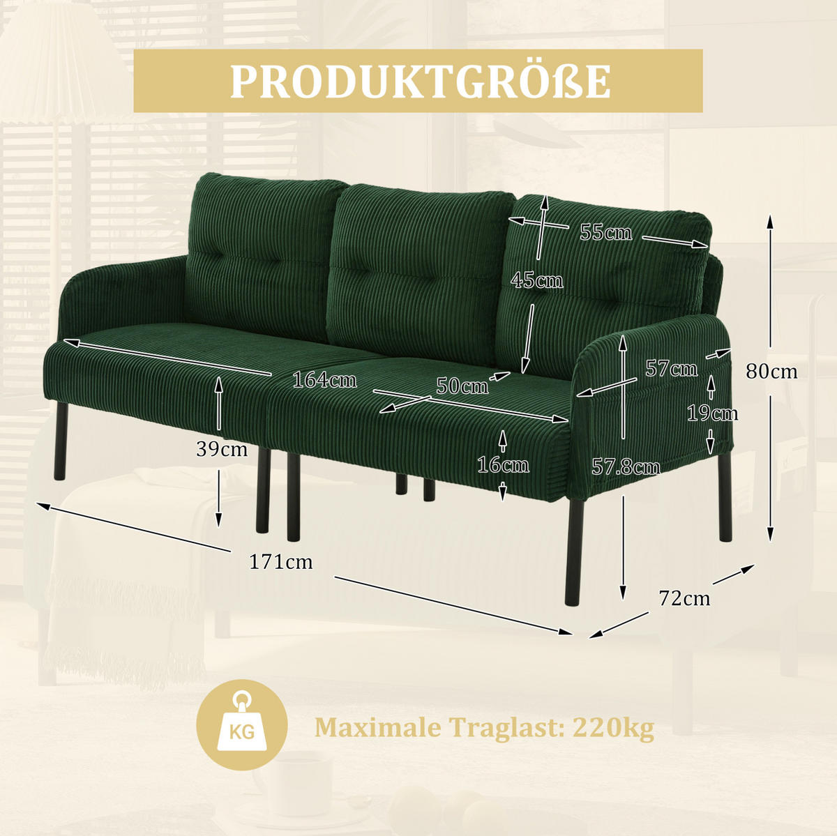 SOFA 3-Sitzer mit Seitentasche ca. 171 x 72 x 80 cm Cord Emerald - Grün, Kunststoff (171/80/72cm) - Meubliv