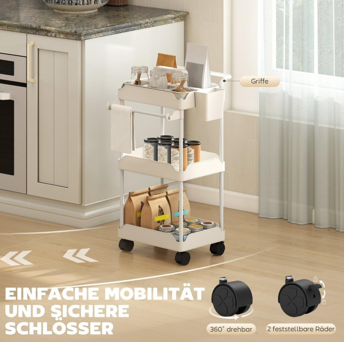 AUFBEWAHRUNGSWAGEN mit 3 Körben, Handtuchhalter und Rollen Weiß - Weiß, Metall (42/76/42.5cm) - Beauniv