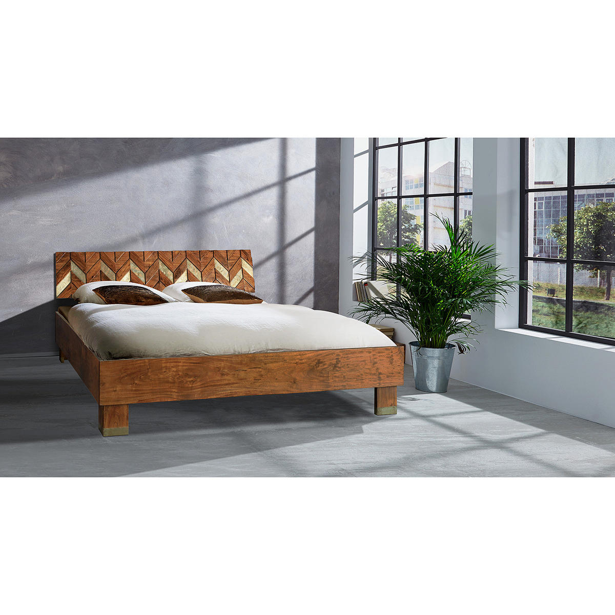 MASSIVHOLZBETT - Akazie massiv / Metall - Braun/Akaziefarben, Holz (180/200cm) - home24