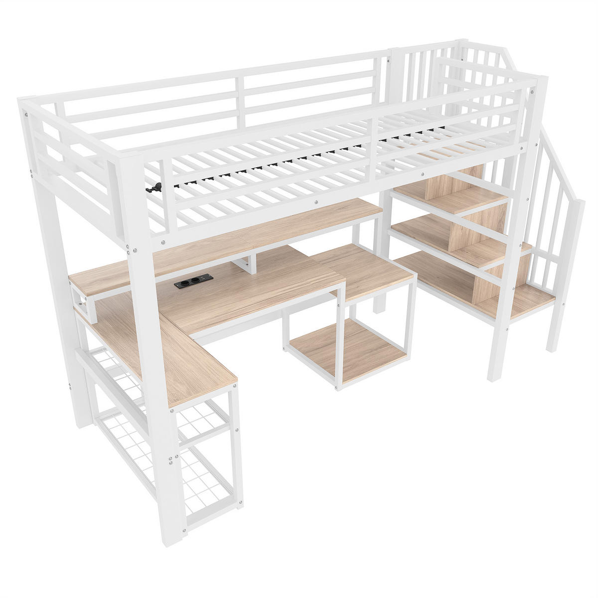 HOCHBETT 90/200 cm weiß aus Metall und MDF mit LED-Leiste App-Steuerung und Schreibtisch - Weiß, Metall (90/200cm) - OKWISH