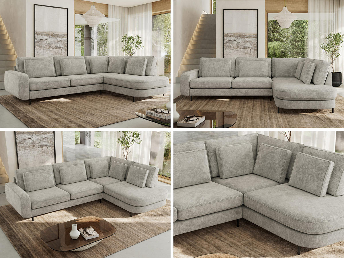 ROHOVÁ SEDAČKA CALENO L - Světle šedá hladký senil - Levá Strana - černá/světle šedá, kov/textil (317/225cm) - MKS