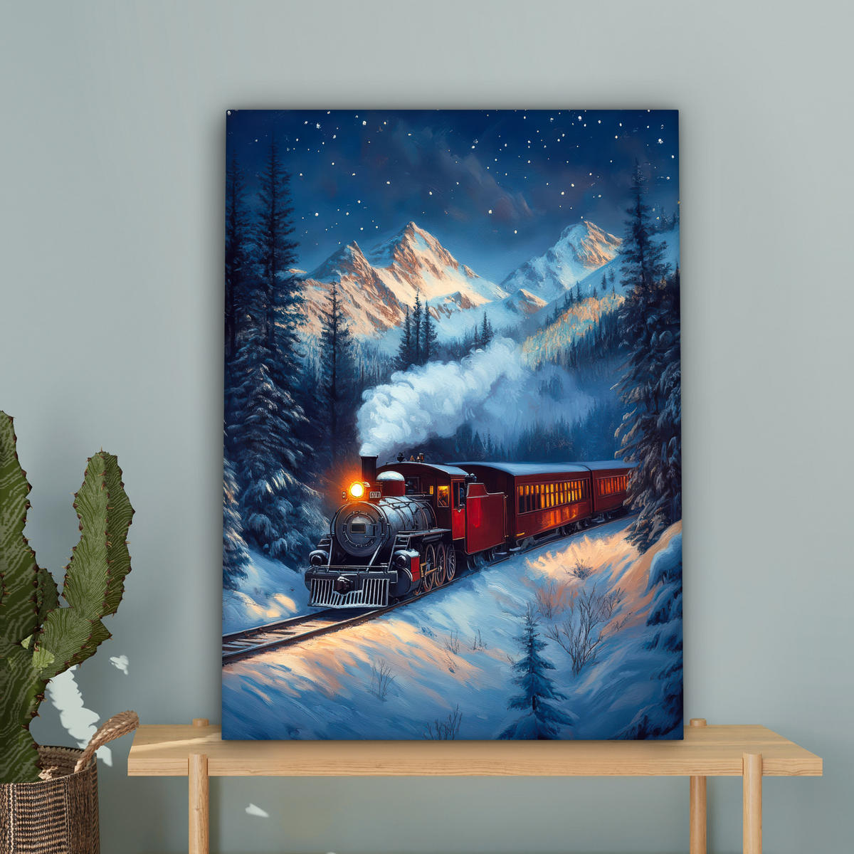 LEINWANDBILD Zug - Weihnachten - Schnee - Weihnachtszug 60x80 cm - Anthrazit, Textil (60/80cm) - MuchoWow