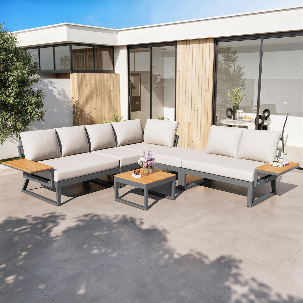 LOUNGESET, 7 Personen, Eisen, Ecksofa, Holztisch, Beige - Beige, Metall - FLIEKS